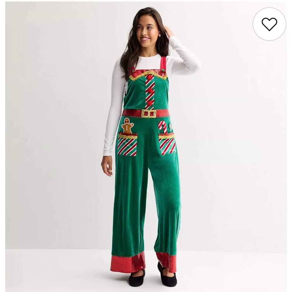 Christmas holiday Green Velvet Jumpsuit Overalls Candy gingerbread pockets NWT